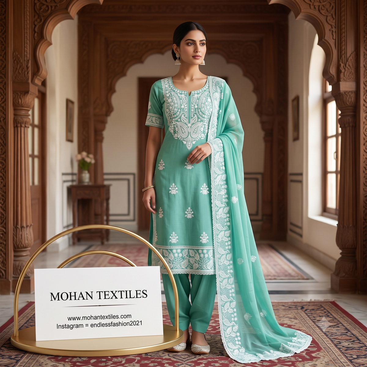 Traditional Lucknowi Chikankari Unstitched Suit Material with Embroidered Dupatta – Mohan Textiles
