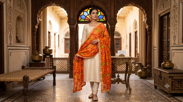 A woman stands in a traditional courtyard wearing a cream-colored outfit with an orange patterned dupatta draped over her shoulder. The setting features ornate wooden arches, decorative pottery, and tiled floors.