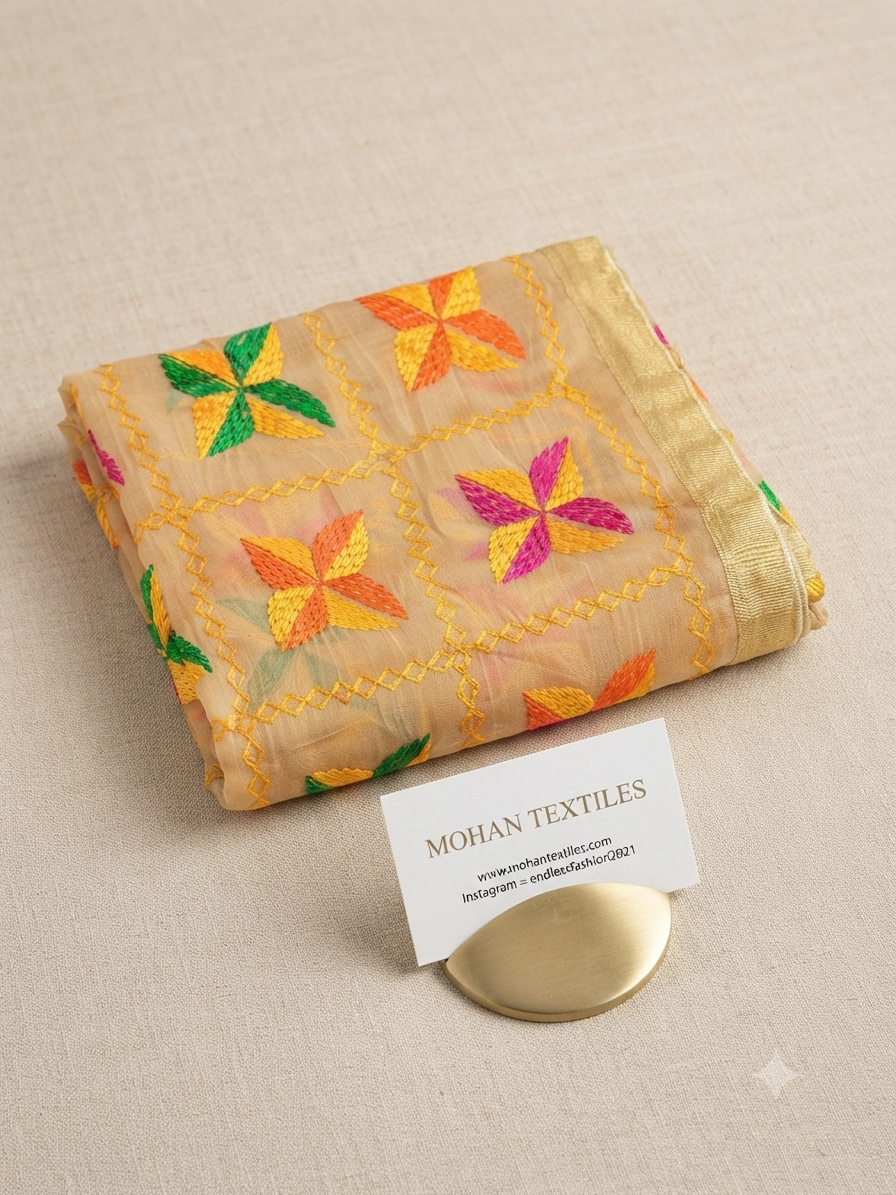 A folded beige embroidered fabric piece with colorful floral motifs in orange, green, and pink, displayed on a textured beige surface next to a small white card reading MOHAN TEXTILES.