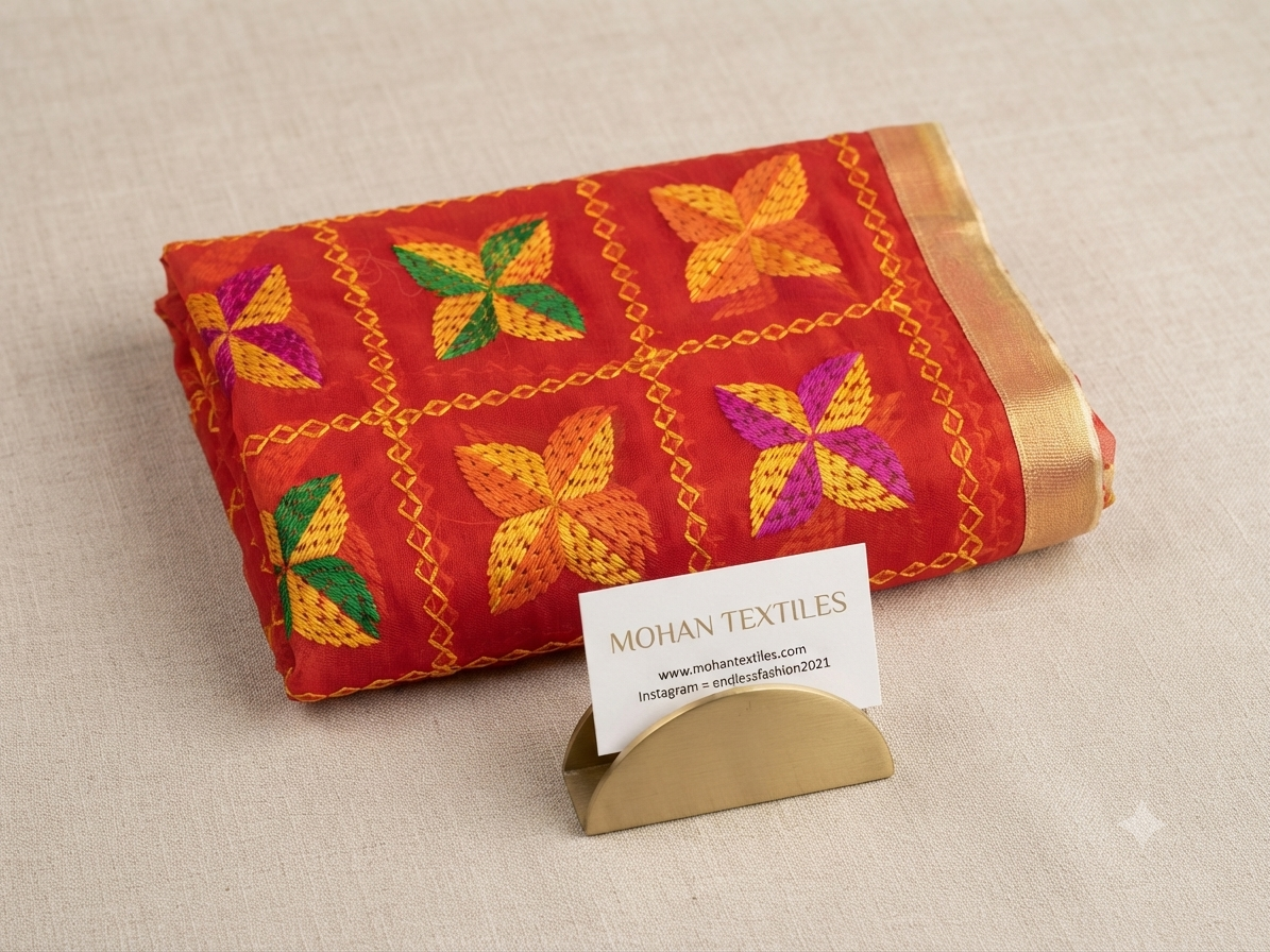 A folded red silk saree with colorful floral embroidery and a gold border, displayed on a neutral beige fabric background with a small business card holder in front.