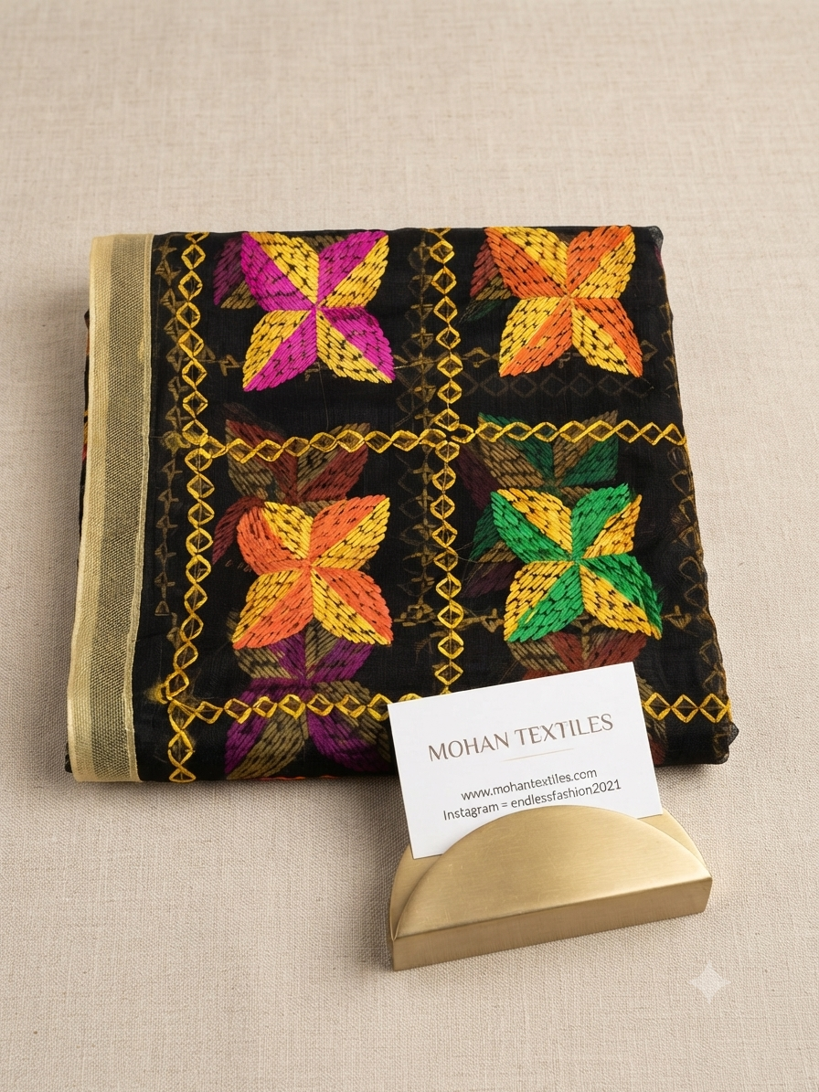 A folded black fabric piece with colorful embroidered floral motifs in yellow, orange, green, and purple, displayed on a beige textured background with a small card reading MOHAN TEXTILES and a gold stand.