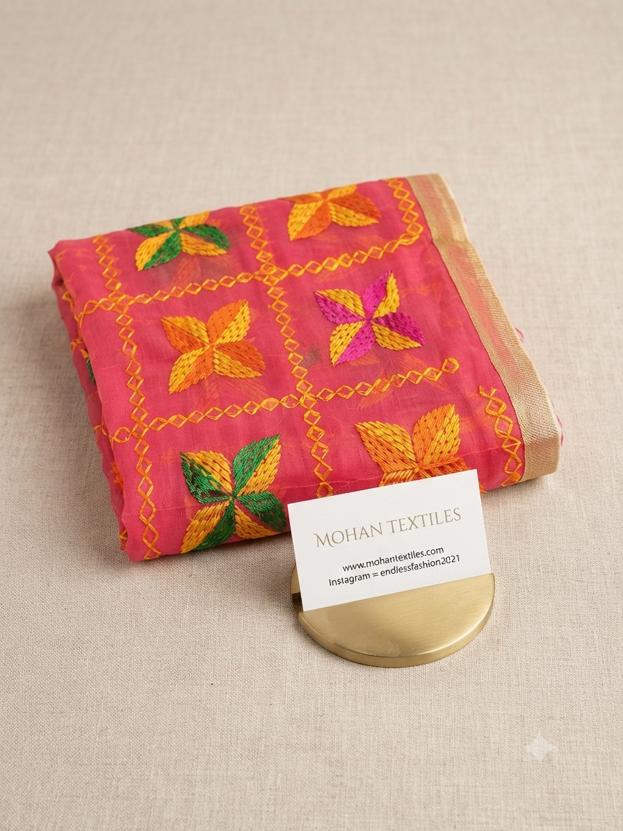 A folded pink fabric piece with embroidered floral and geometric patterns in yellow, green, and purple, displayed on a beige textured surface with a small card reading MOHAN TEXTILES.