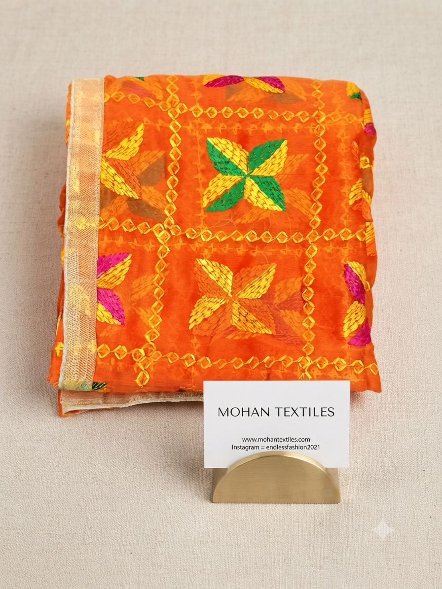 An orange woven textile with yellow, green, and pink embroidered geometric motifs, folded and displayed on a beige fabric background with a small 'MOHAN TEXTILES' label card.