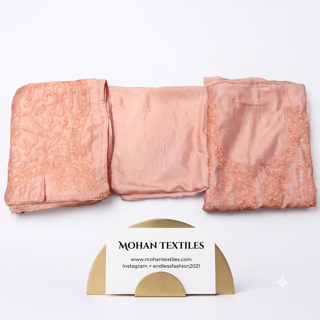 Soft blush peach pure muslin threadwork unstitched ladies suit material Mohan Textiles