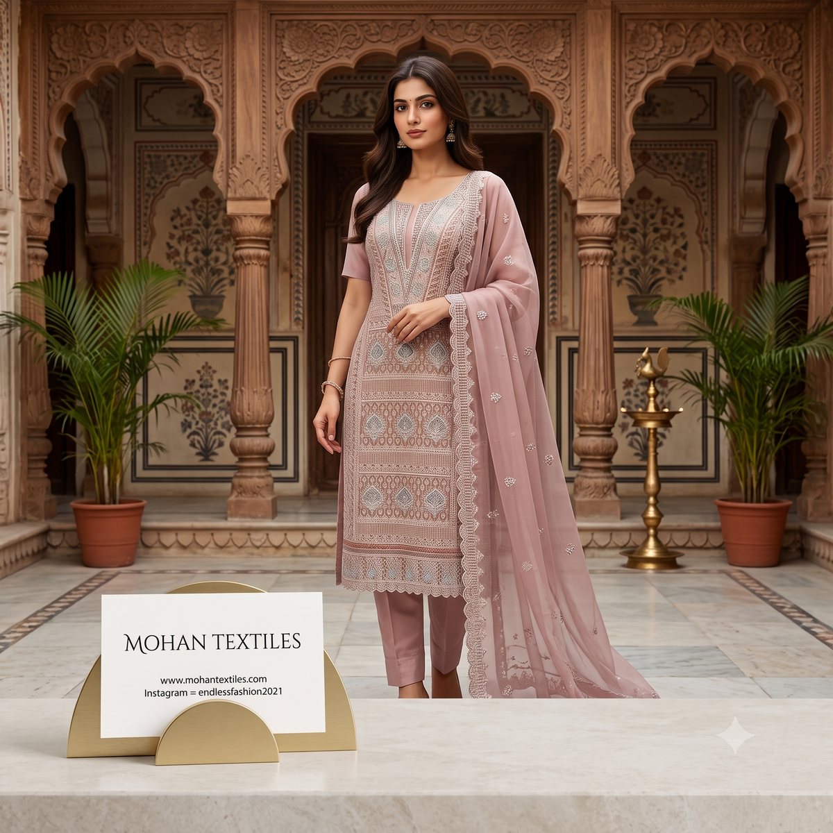 A woman models a light pink ethnic salwar kameez suit with intricate embroidery, standing in front of an ornate stone archway. The set includes a printed kameez, matching trousers, and a sheer embroidered dupatta.