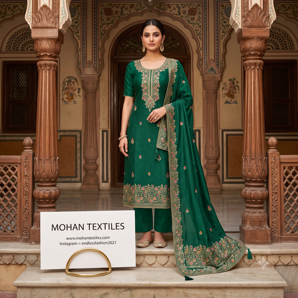 Indian model wearing Bottle green embroidered short-sleeve Punjabi suit with heavy border dupatta standing in traditional haveli lobby.