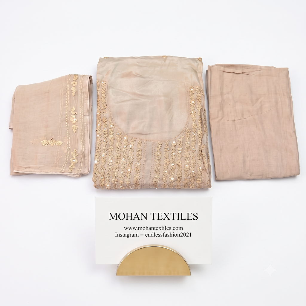 Champagne nude soft muslin tonal threadwork unstitched suit set Mohan Textiles