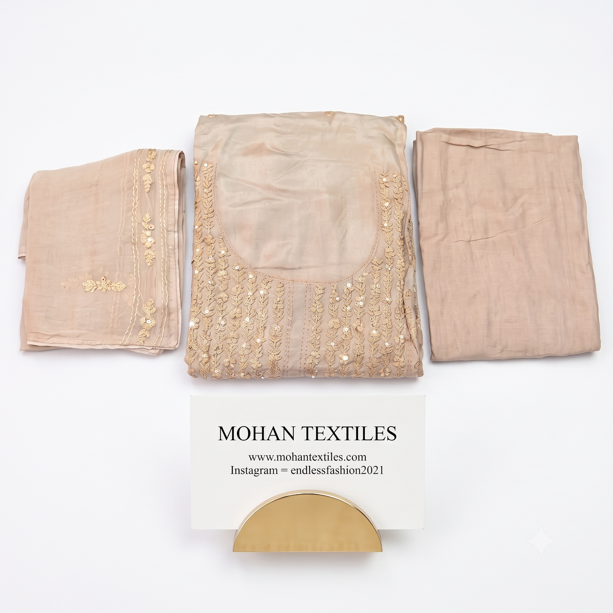 Champagne nude soft muslin tonal threadwork unstitched suit set Mohan Textiles