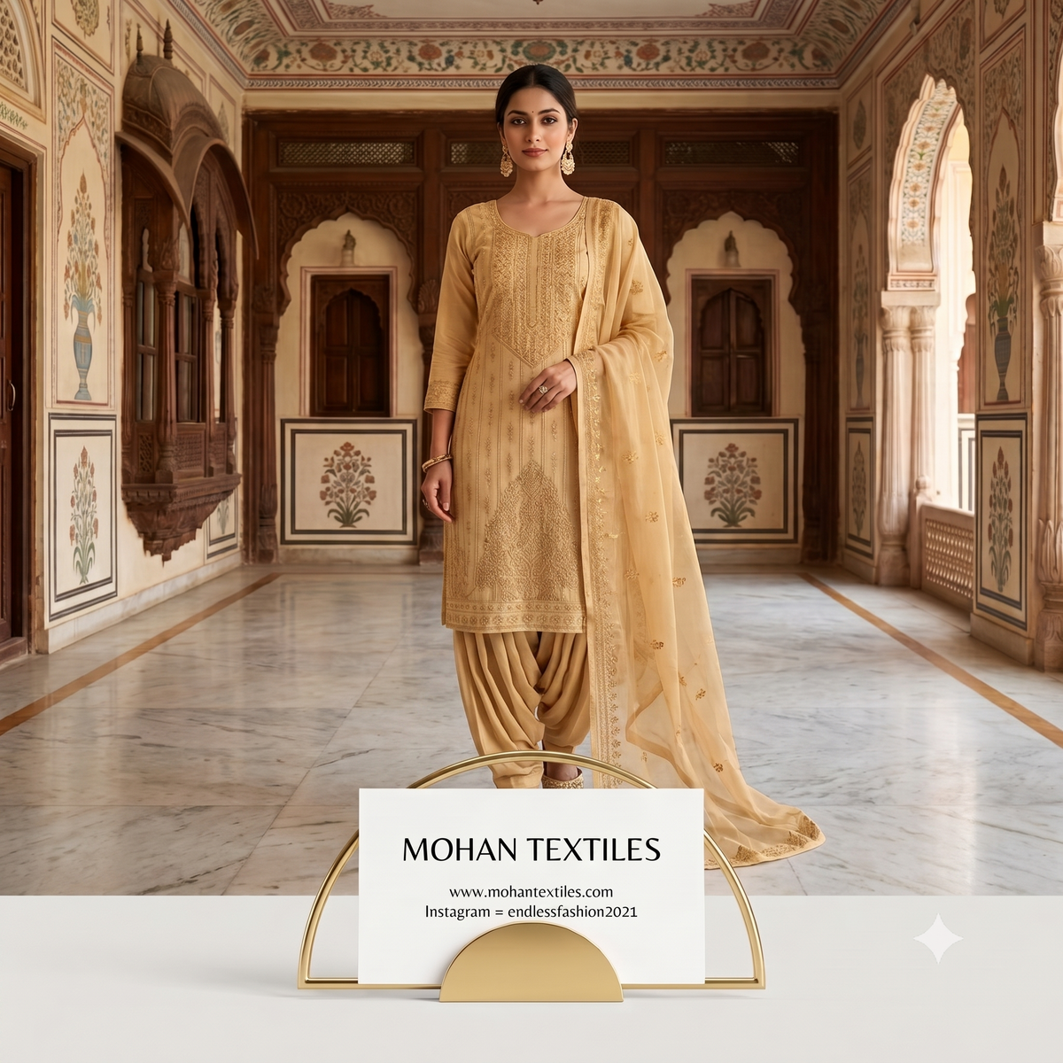 A woman stands in a grand, ornate indoor hallway wearing a traditional Indian salwar kameez outfit in a warm beige-gold color. The outfit includes a heavily embroidered long kurta, matching drape pants, and a sheer dupatta.