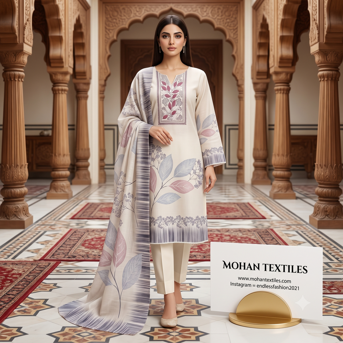 Female model in a cream unstitched linen suit set with mauve botanical leaf embroidery on the neckline, paired with straight trousers and a matching printed dupatta. Ideal for a boutique suit look from Mohan Textiles.