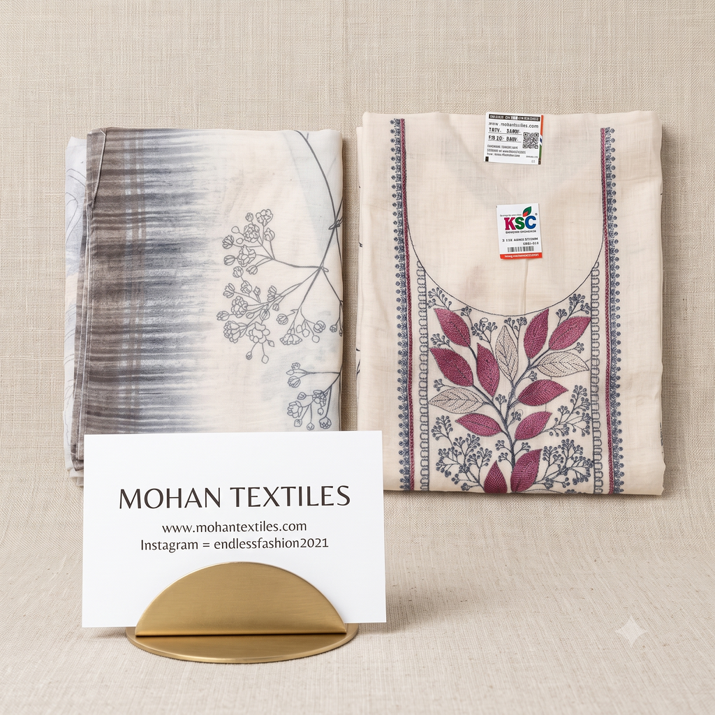 Flat lay product photography of an off-white unstitched linen suit set, showing the detailed purple and blue thread embroidery on the kurta piece next to a patterned dupatta, by Mohan Textiles.