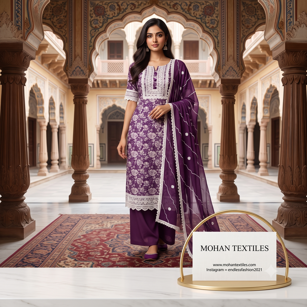 Indian model wearing grape wine floral cotton Punjabi suit with white lace borders and embroidered chiffon dupatta standing in traditional haveli