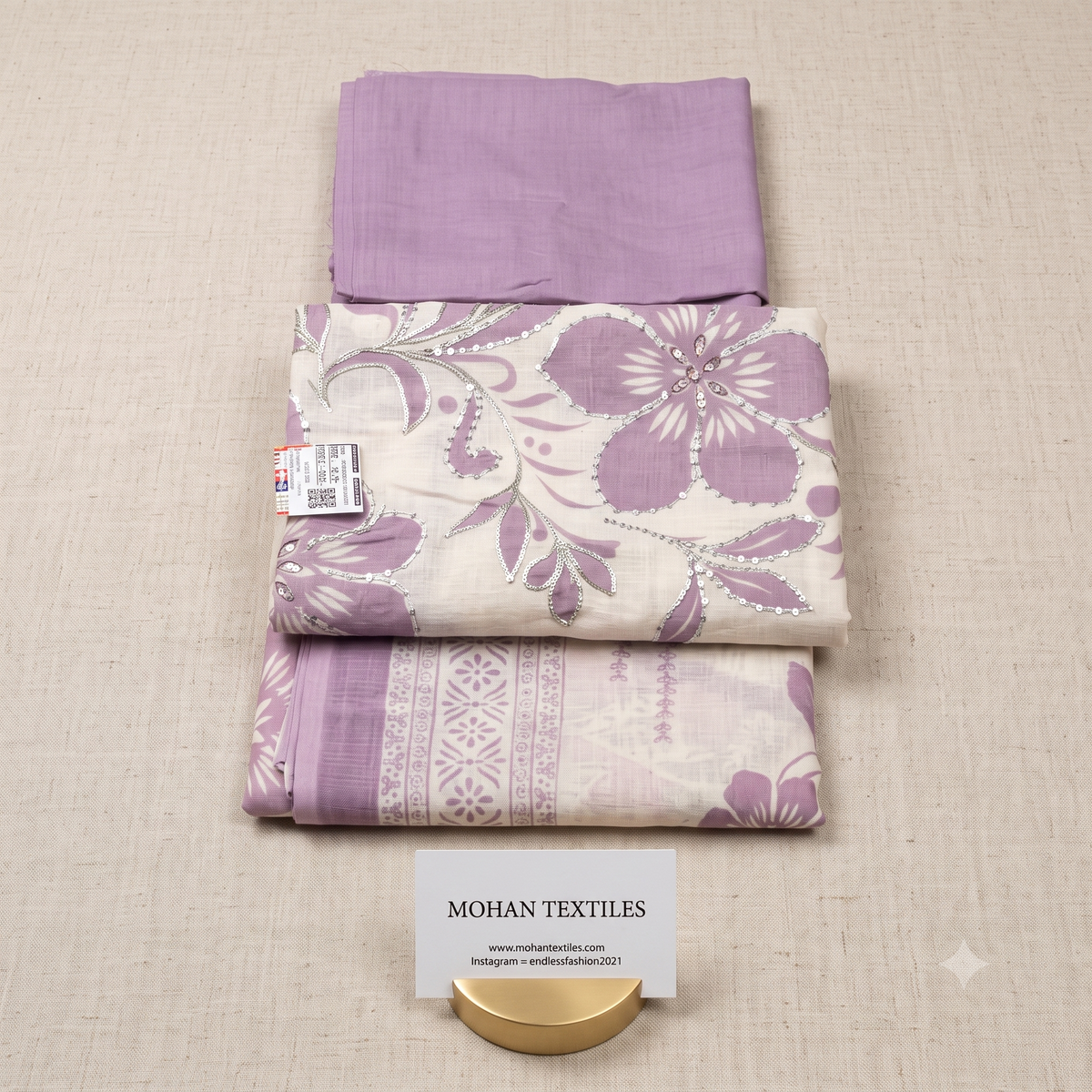 Dusty lavender floral printed linen cotton unstitched Punjabi suit fabric with designer dupatta by Mohan Textiles