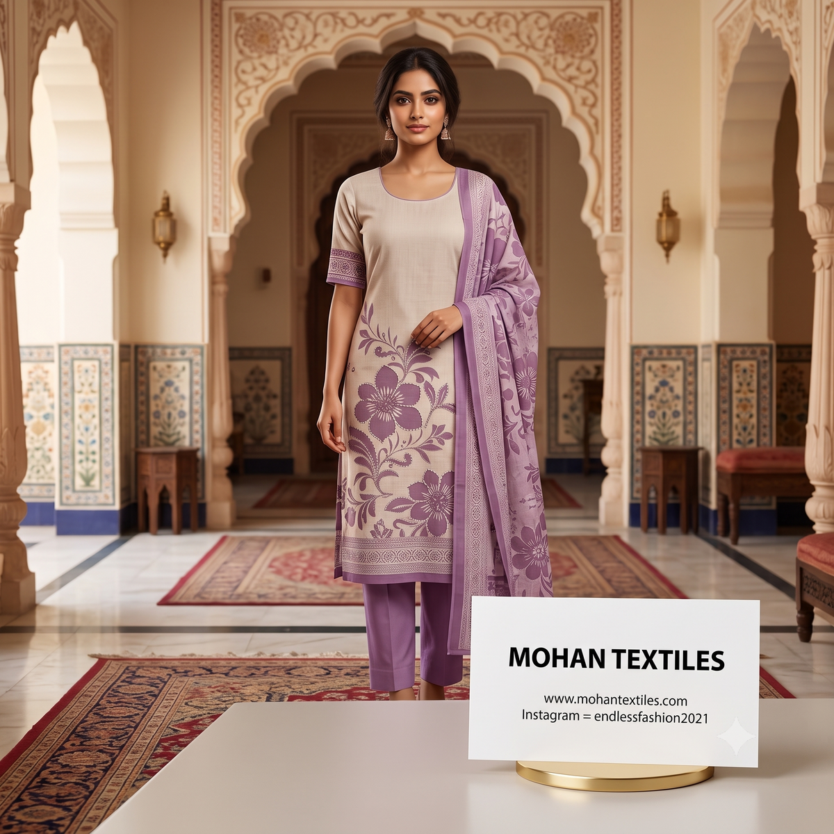 Female model wearing dusty lavender floral print linen cotton kurta with cigarette pants and matching dupatta – Mohan Textiles