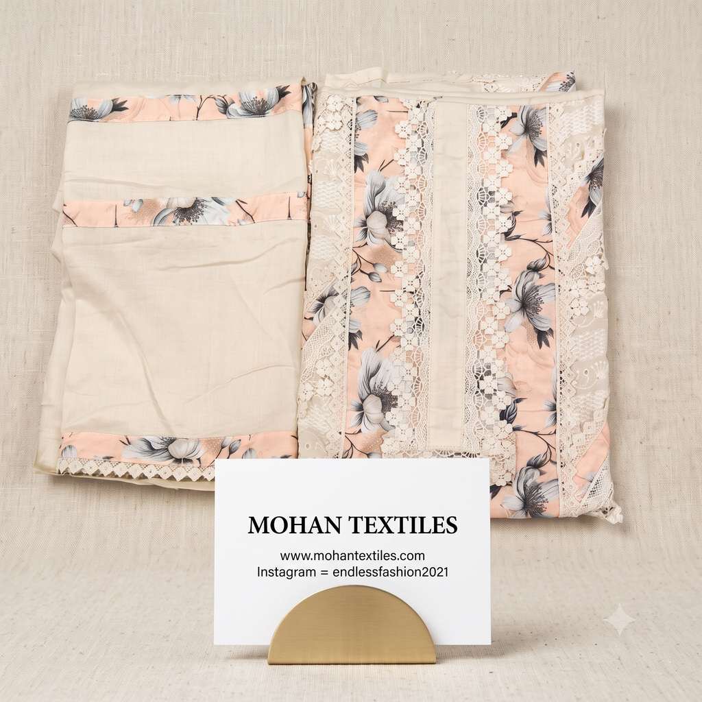 Mohan Textiles off-white and pastel peach floral unstitched dress material with lace border dupatta flat lay