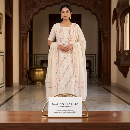 Model wearing custom-tailored off-white Punjabi suit with peach floral print and lace border dupatta Mohan Textiles