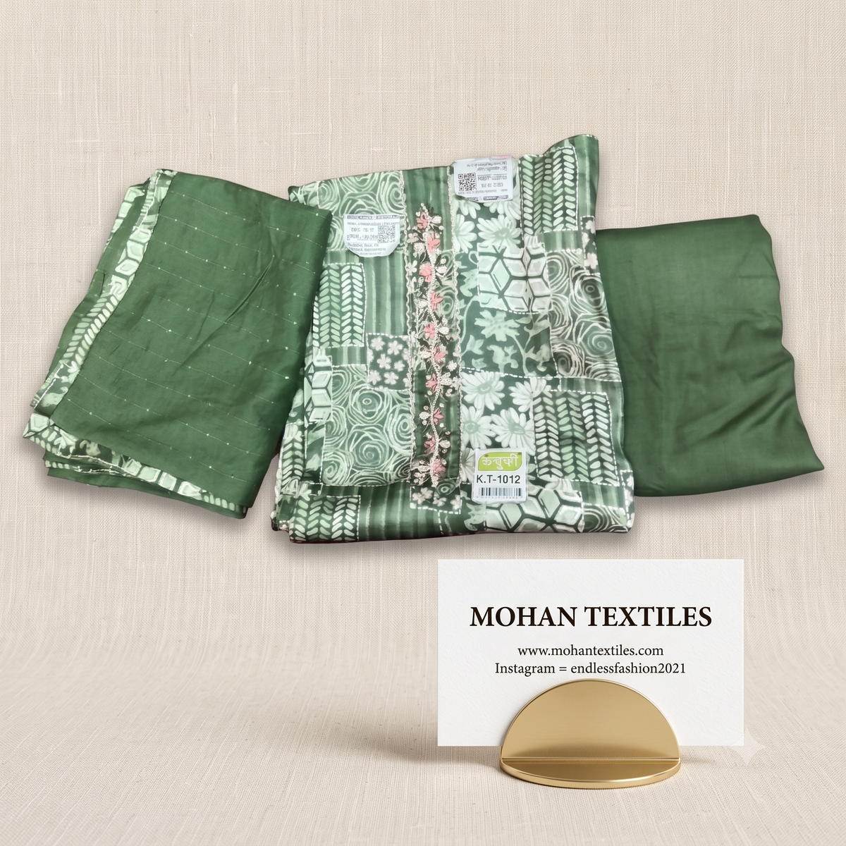Olive green unstitched floral patchwork suit fabric with embroidered neck patti and striped chiffon dupatta by Mohan Textiles