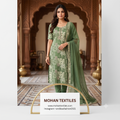 Model wearing tailored olive green floral patchwork salwar suit with draped lightweight green dupatta