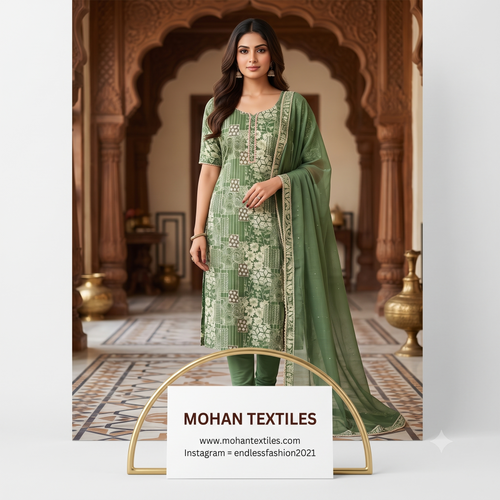 Model wearing tailored olive green floral patchwork salwar suit with draped lightweight green dupatta