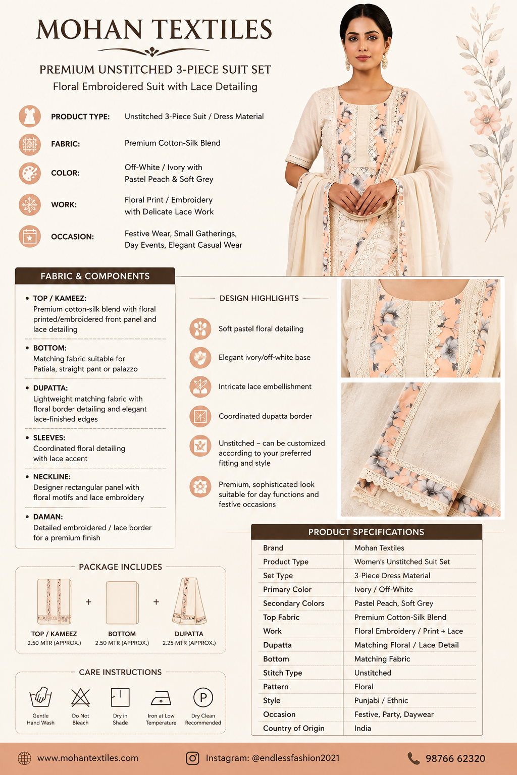 Elegant Off-White & Pastel Peach Floral Unstitched Cotton Suit with Lace Border Dupatta