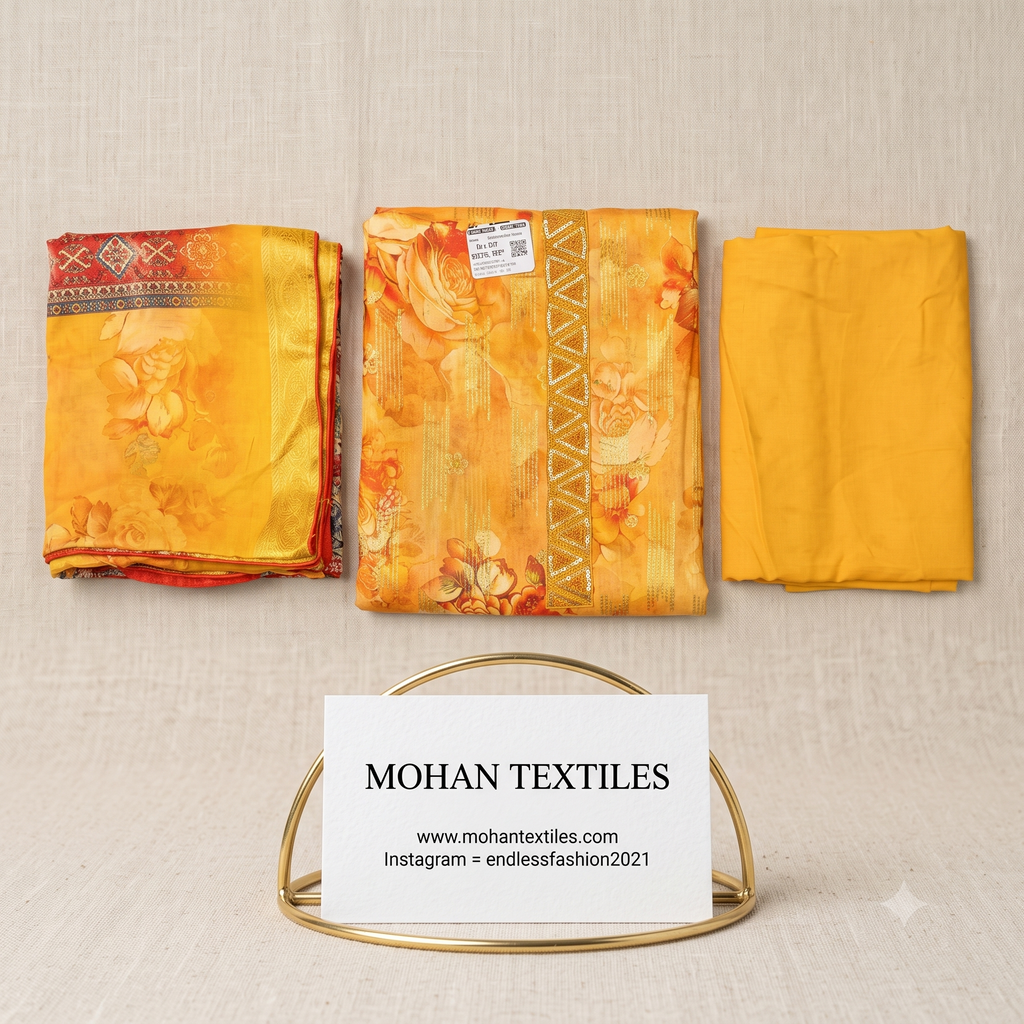Mustard yellow unstitched floral suit fabric set with embroidered neckline patti and printed dupatta by Mohan Textiles