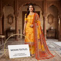Model wearing stitched mustard yellow floral print Punjabi suit set with printed dupatta and matching trousers
