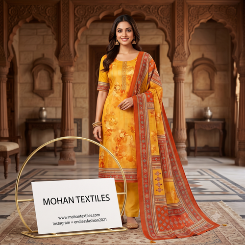 Model wearing stitched mustard yellow floral print Punjabi suit set with printed dupatta and matching trousers