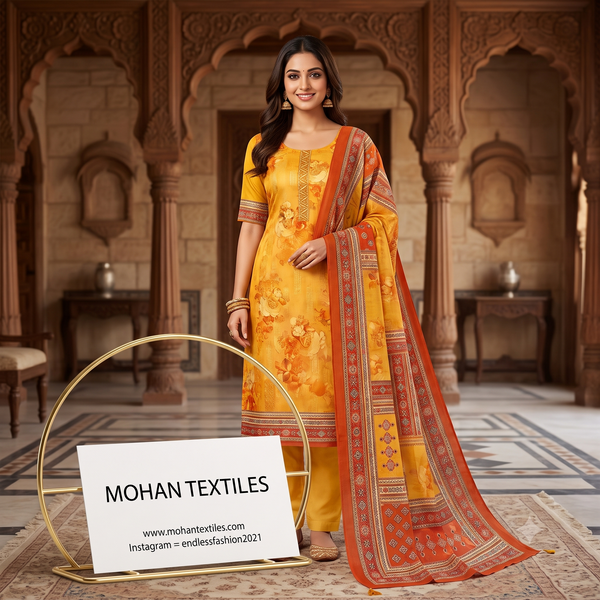Model wearing stitched mustard yellow floral print Punjabi suit set with printed dupatta and matching trousers