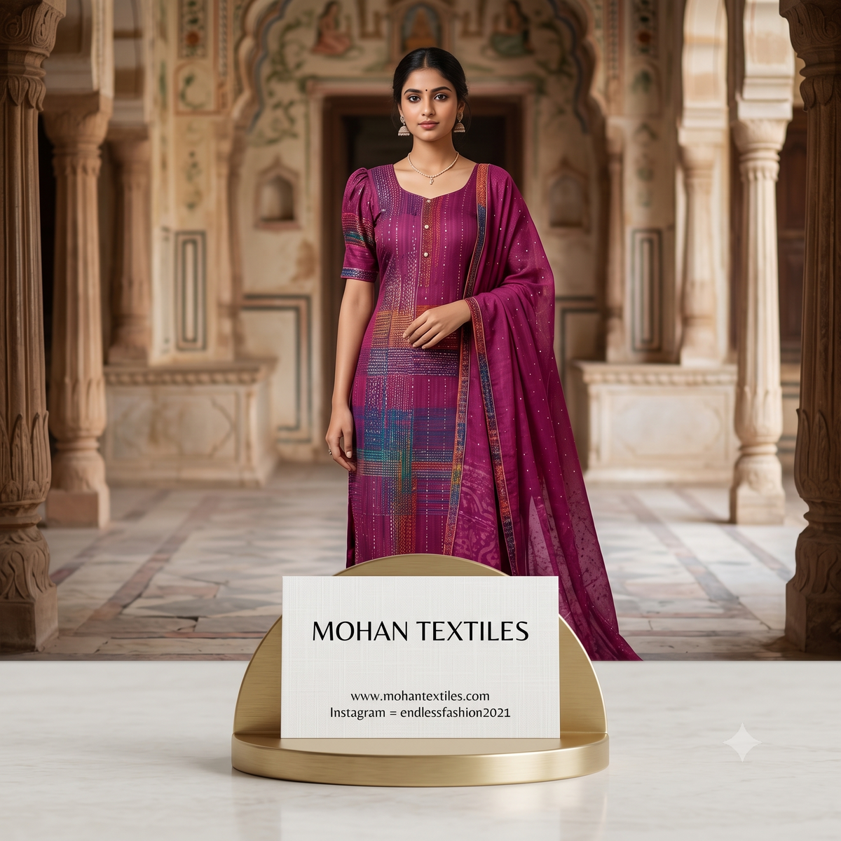 Indian model wearing vibrant magenta Kantha embroidered Punjabi suit with lightweight matching dupatta in traditional haveli setting