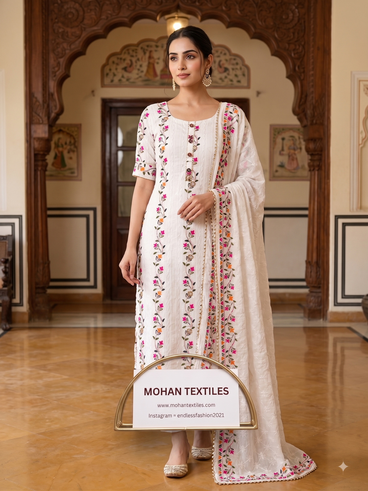 Mohan Textiles Floral Embroidered Unstitched Punjabi Suit Material with Dupatta