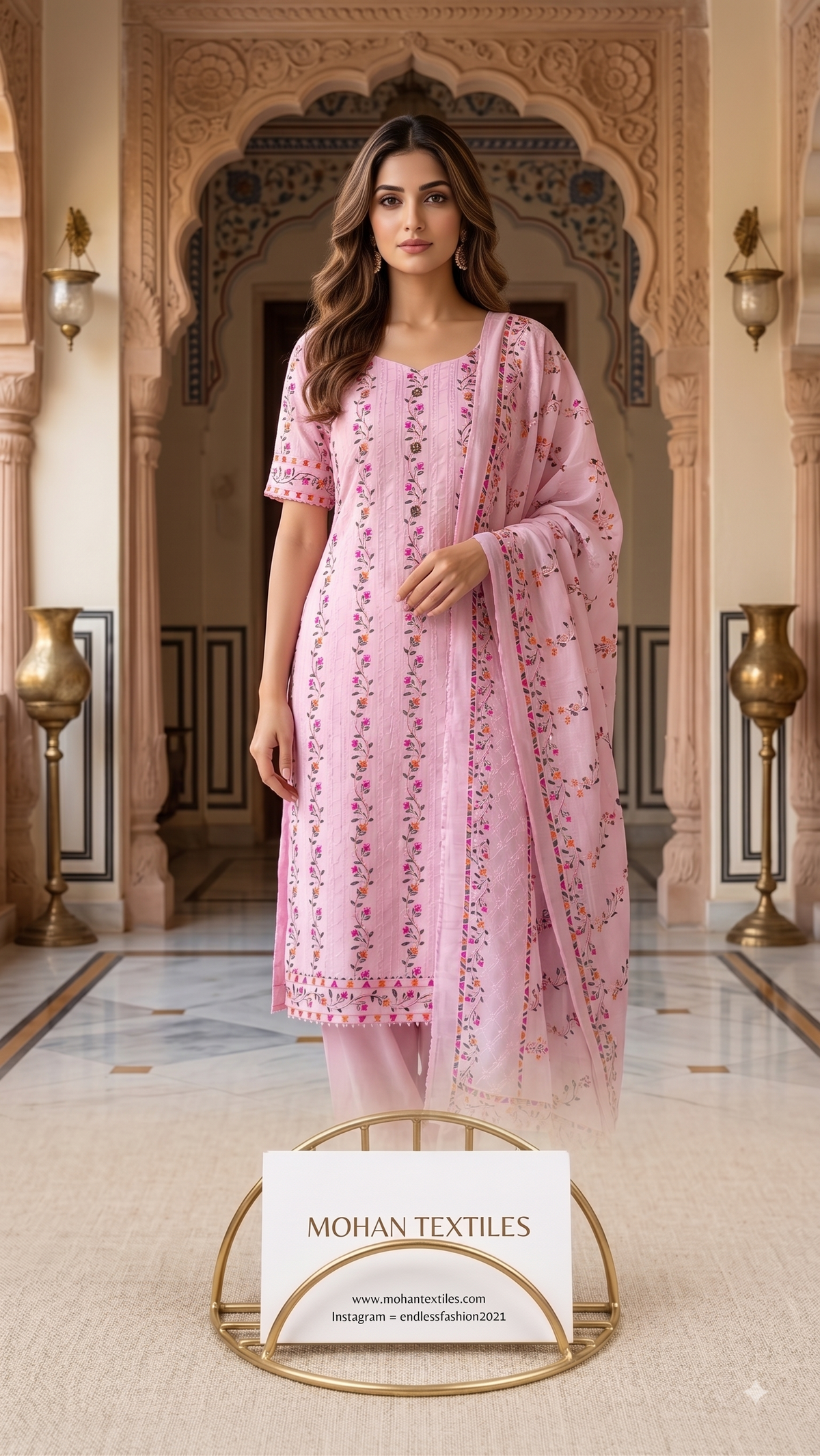 Mohan Textiles Floral Embroidered Unstitched Punjabi Suit Material with Dupatta