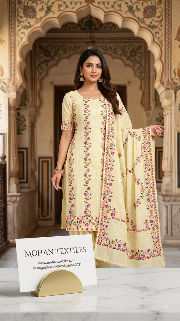 Mohan Textiles Floral Embroidered Unstitched Punjabi Suit Material with Dupatta