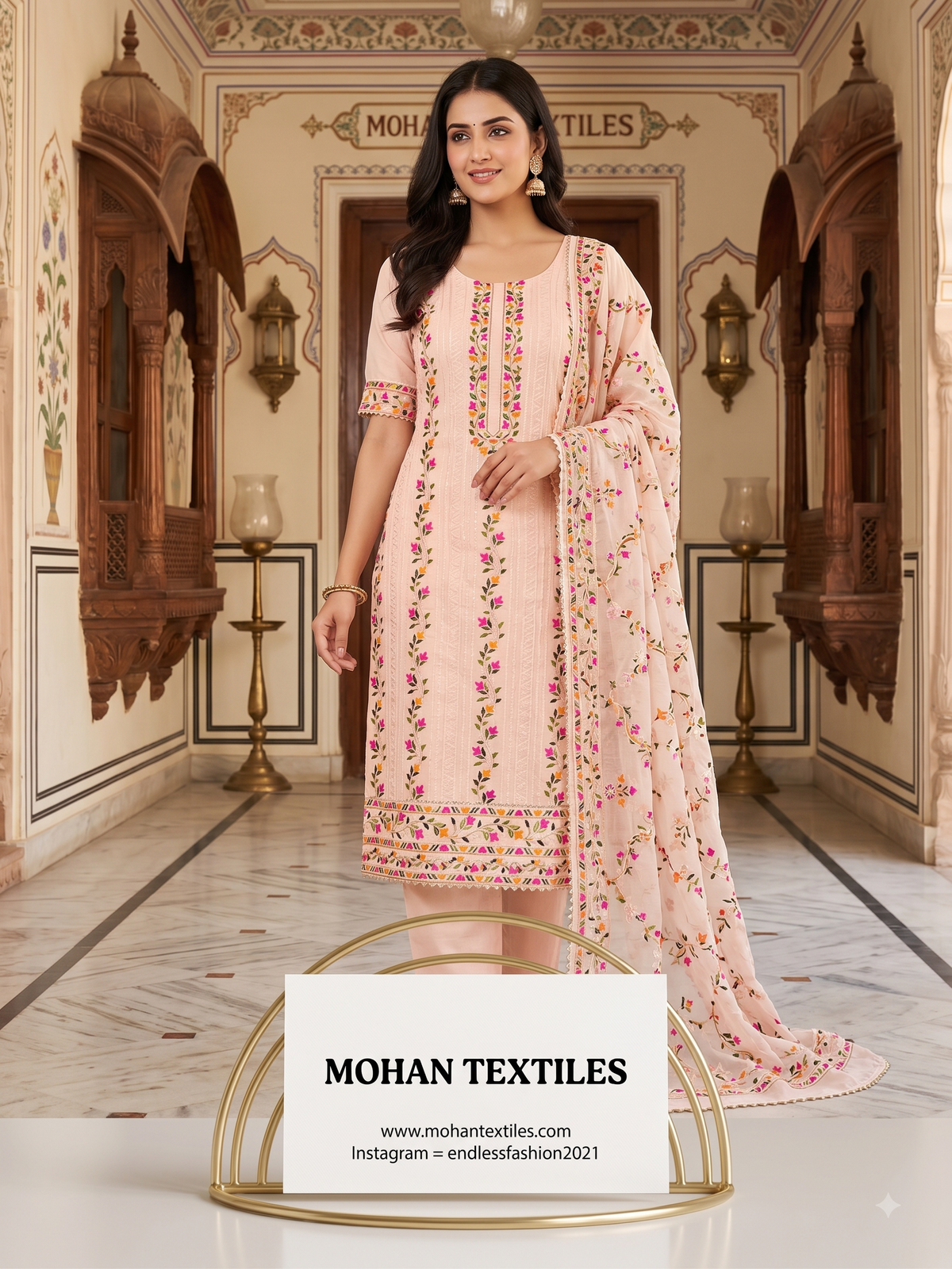 Mohan Textiles Floral Embroidered Unstitched Punjabi Suit Material with Dupatta