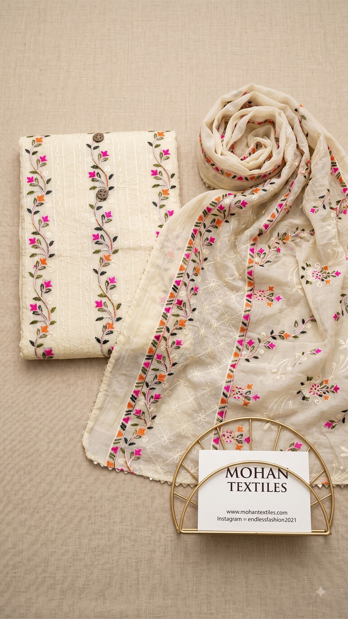 Mohan Textiles Floral Embroidered Unstitched Punjabi Suit Material with Dupatta