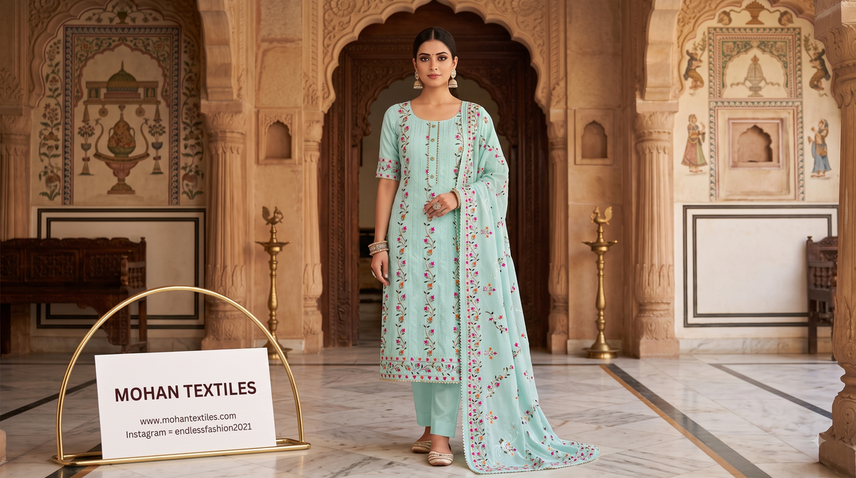 Mohan Textiles Floral Embroidered Unstitched Punjabi Suit Material with Dupatta