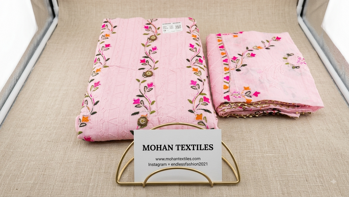 Mohan Textiles Floral Embroidered Unstitched Punjabi Suit Material with Dupatta
