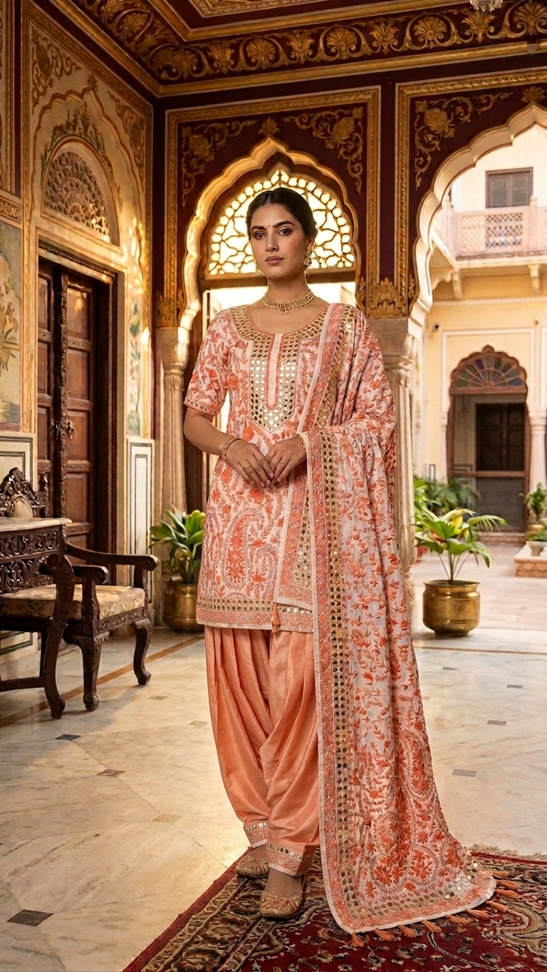 A woman stands in an ornate indoor courtyard wearing a peach and pink embroidered traditional outfit with a matching draped scarf. The setting features carved arches, wooden doors, potted plants, and a patterned rug.