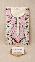 Off-white cotton unstitched Phulkari kurti material featuring pink floral blooms and maroon-tinted leaf embroidery.