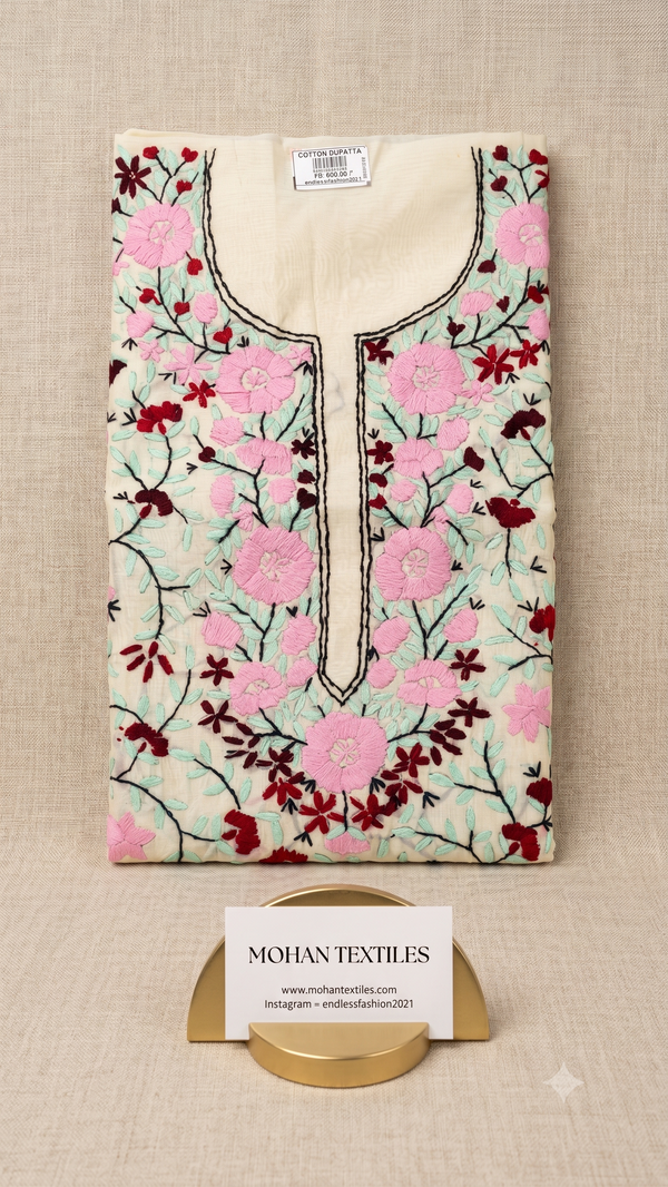 Off-white cotton unstitched Phulkari kurti material featuring pink floral blooms and maroon-tinted leaf embroidery.
