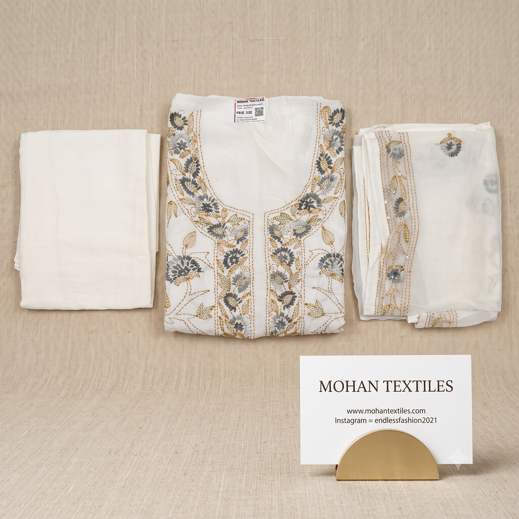 Pearl white muslin suit fabric with grey thread phulkari embroidery and matching dupatta by Mohan Textiles