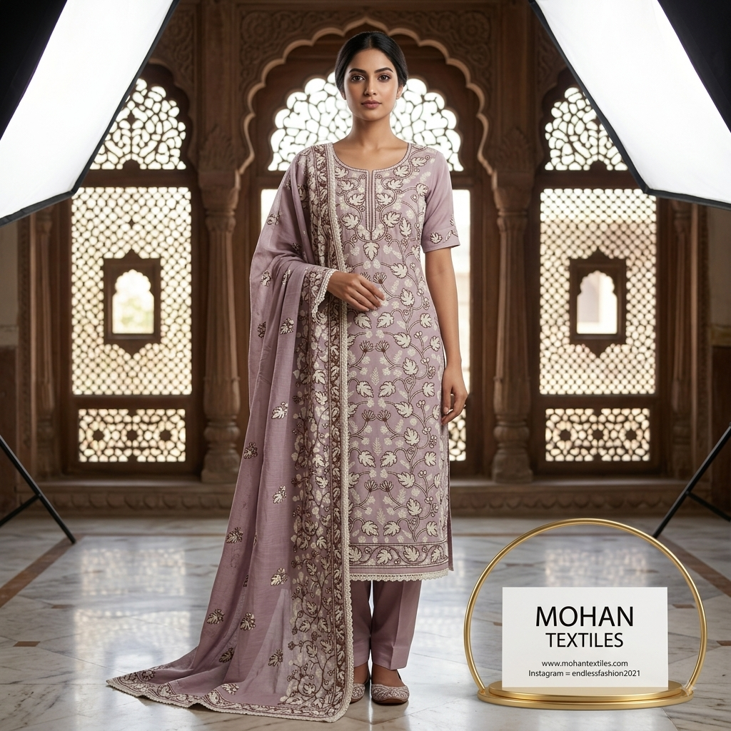 Mohan Textiles Premium Floral Embroidered Unstitched Punjabi Suit Set with Heavy Dupatta