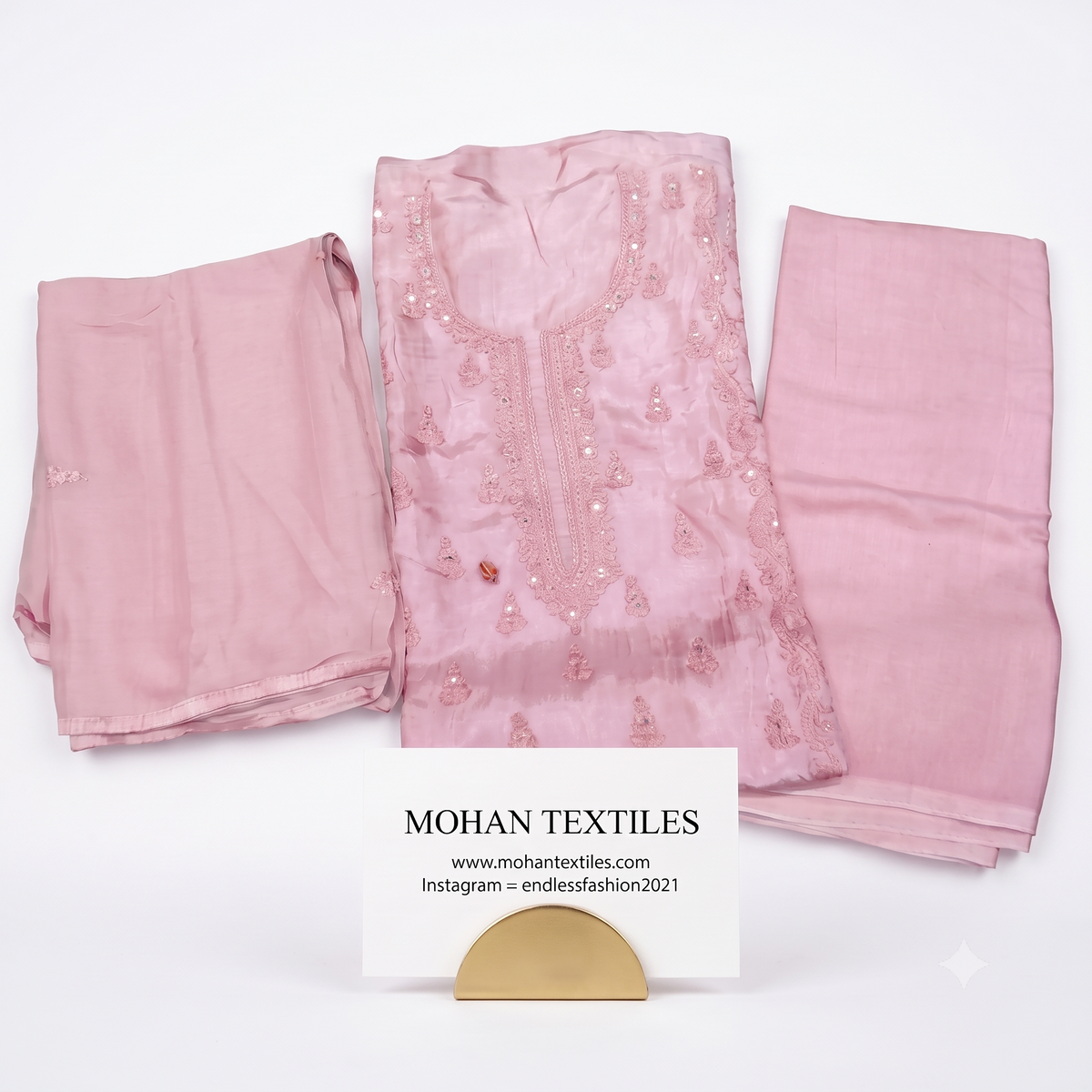 Dusty lilac pink embroidered muslin suit with matching dupatta Mohan Textiles catalog