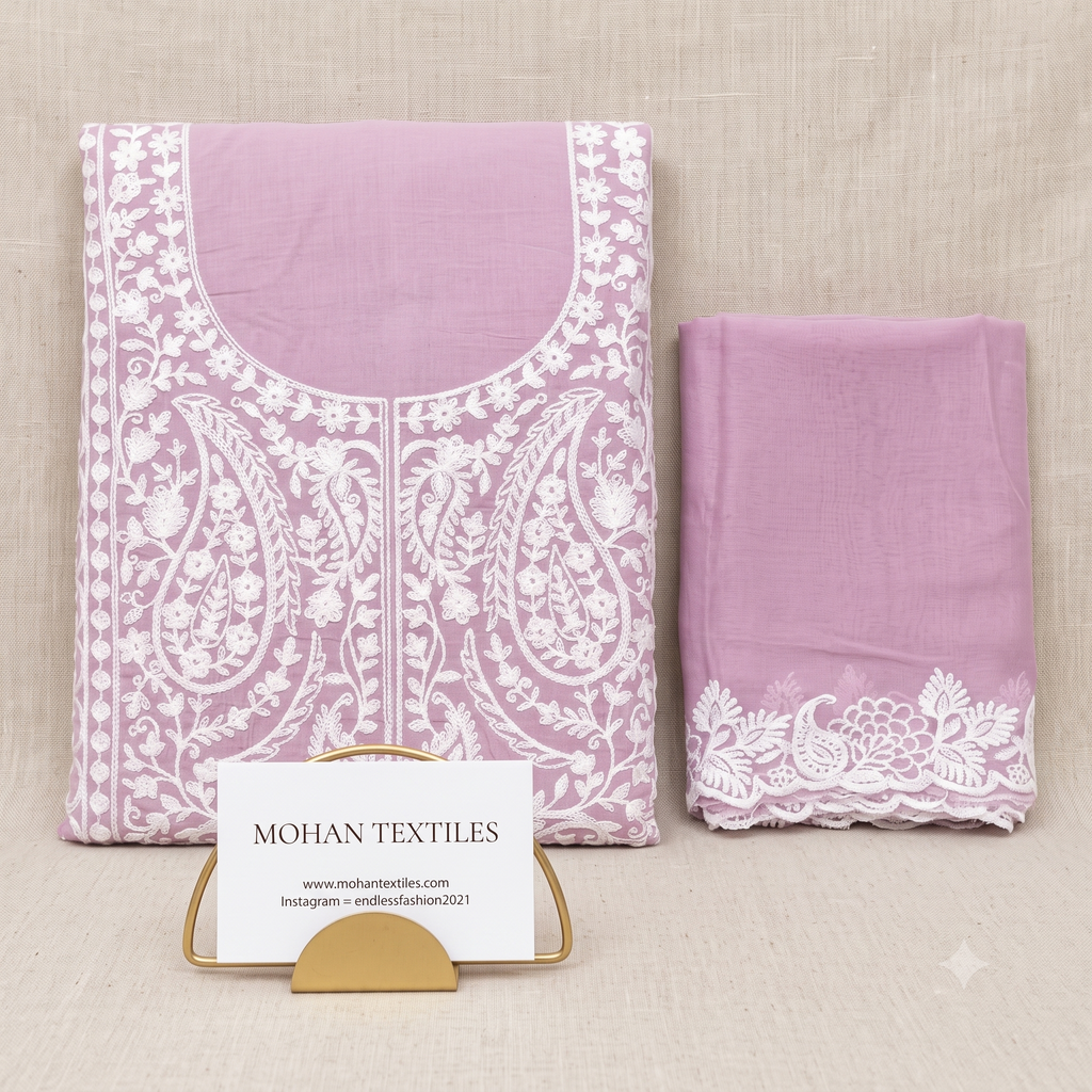 Traditional Lucknowi Chikankari Unstitched Suit Material with Embroidered Dupatta – Mohan Textiles