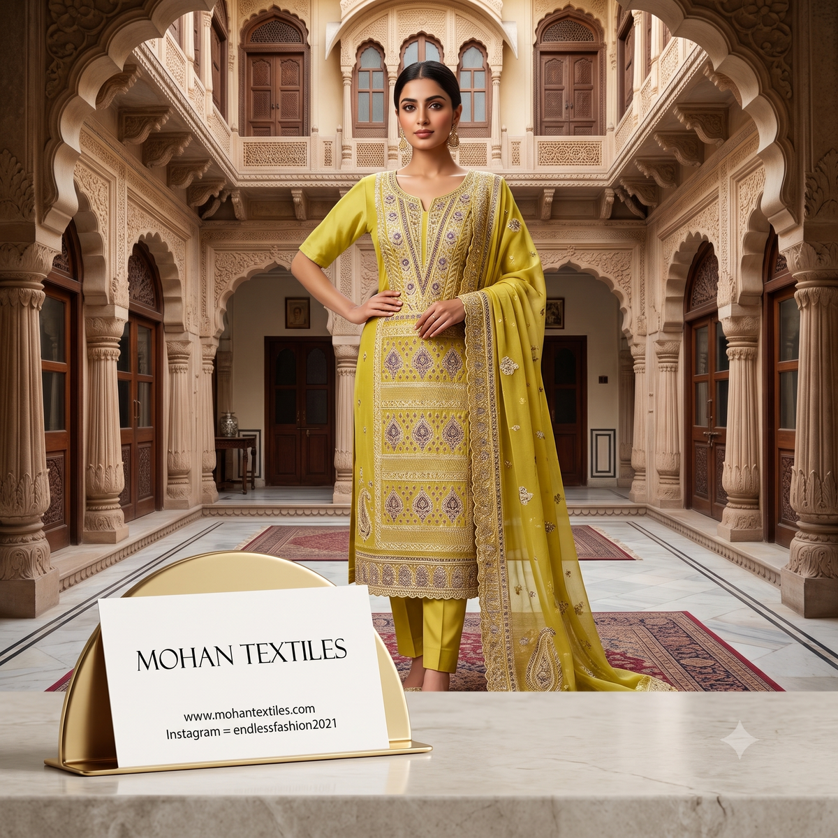 A woman stands in a grand, ornate courtyard wearing a bright yellow ethnic suit with intricate gold and silver embroidery. A sign in the foreground reads 'MOHAN TEXTILES' with website and Instagram details.