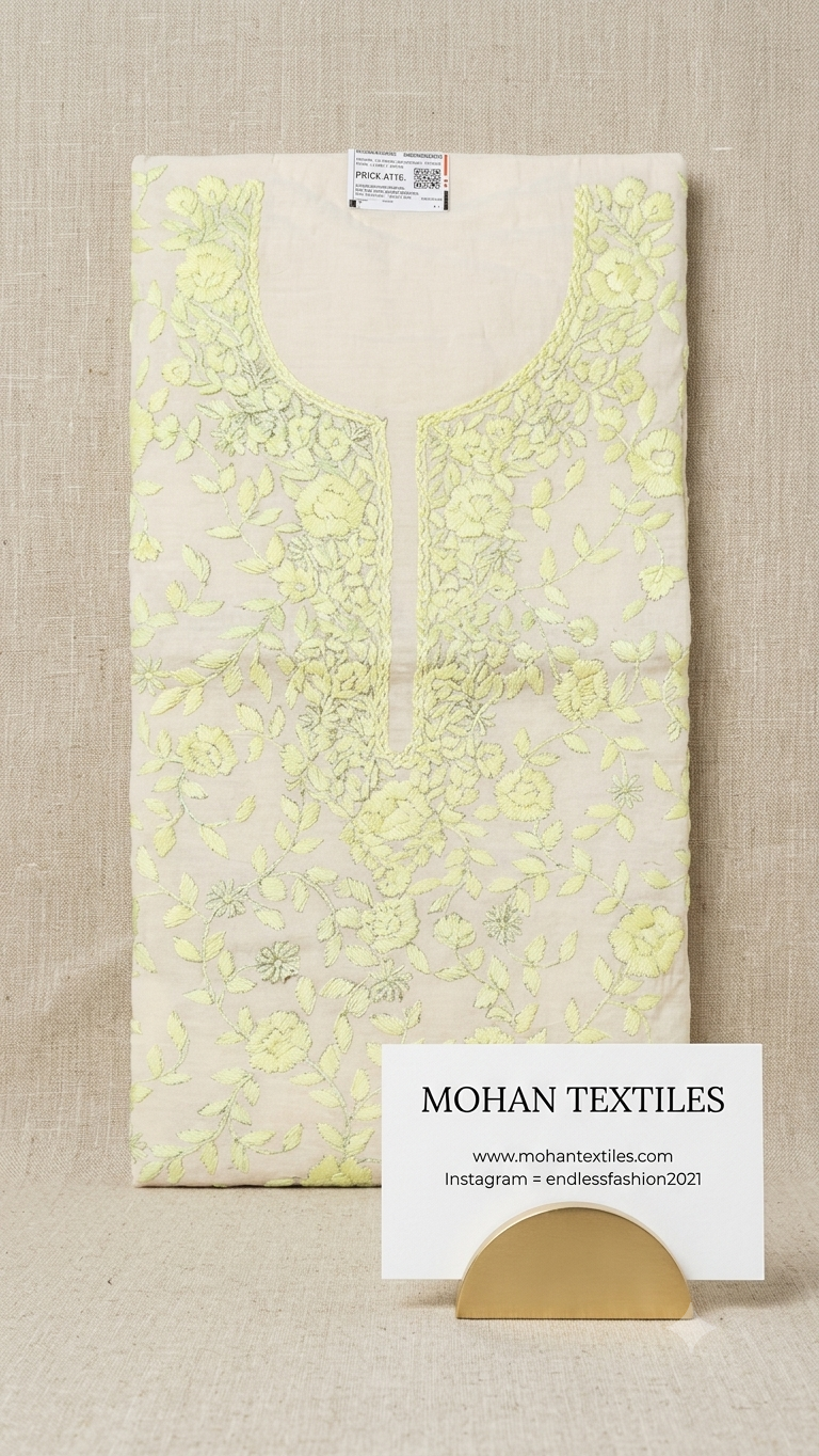 A Lemon-colored cotton fabric kurta laid flat on a beige textured background, featuring light green floral embroidery around the neckline and down the front. A white card displaying 'MOHAN TEXTILES' is placed in front of the garment.