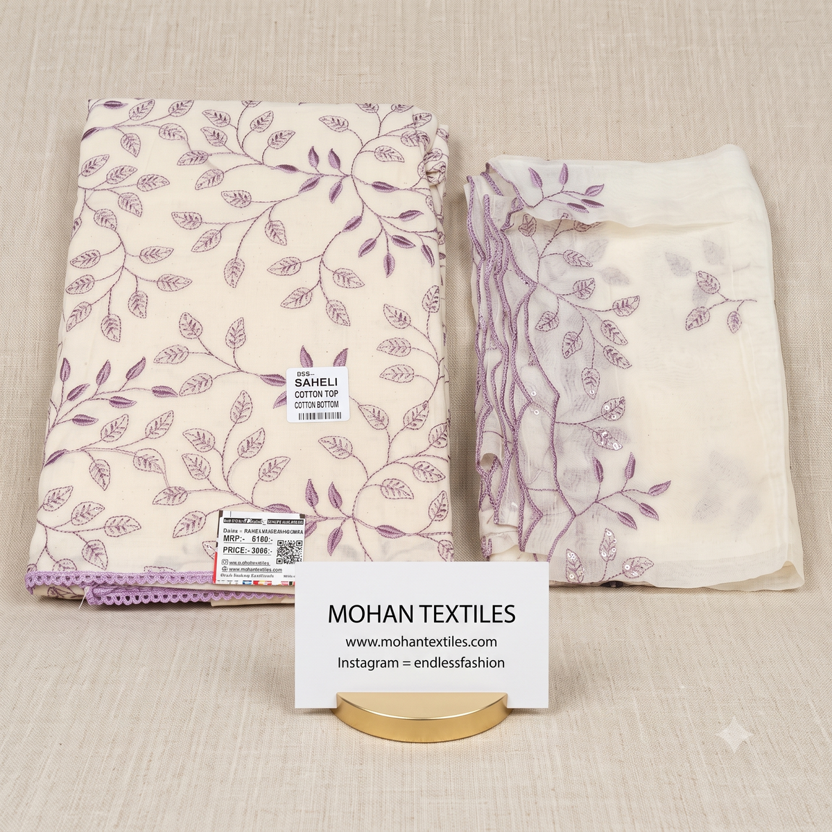 Luxury unstitched khadi cotton dress material with lilac purple vine embroidery by Mohan Textiles