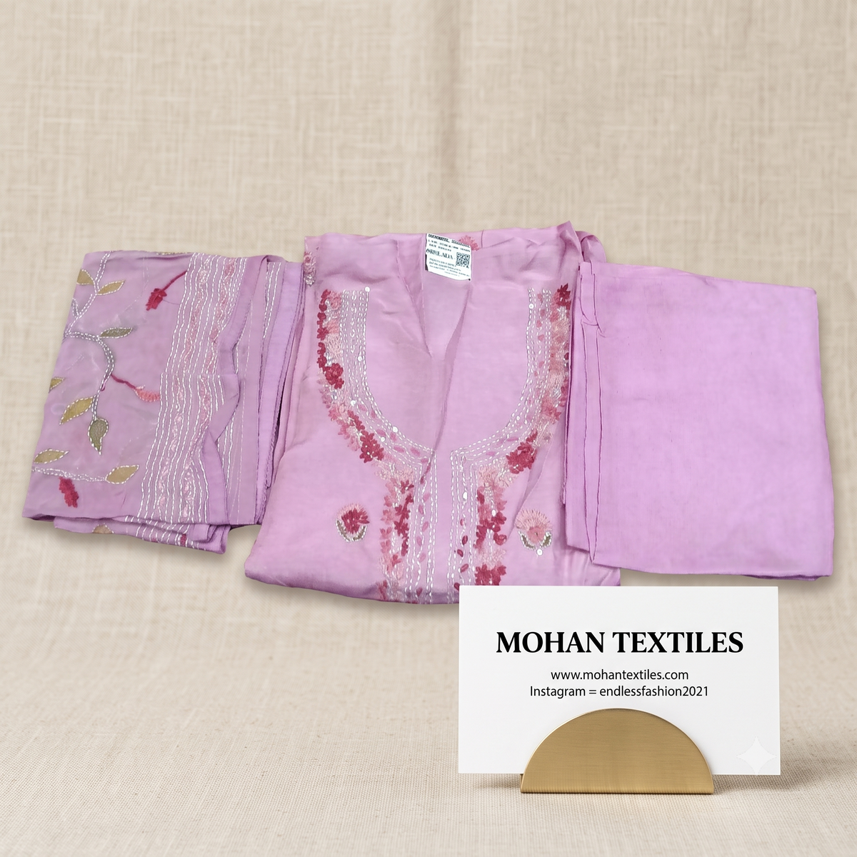 Lilac lavender soft muslin unstitched suit piece with detailed neck embroidery by Mohan Textiles
