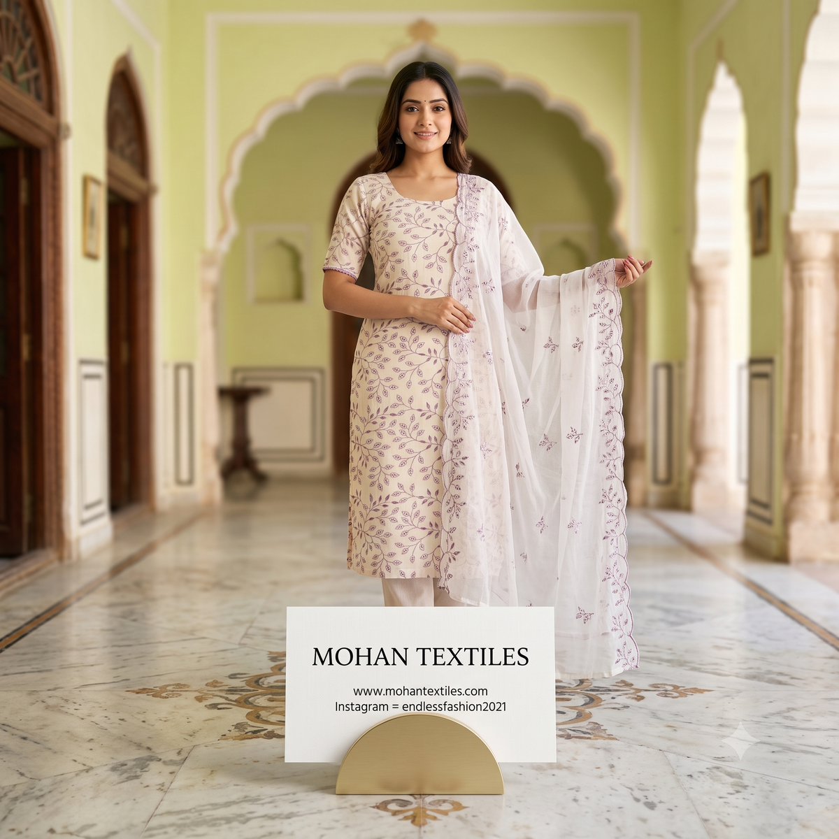 Model showcasing lavender purple embroidered khadi cotton suit with cutwork dupatta from Mohan Textiles Amritsar