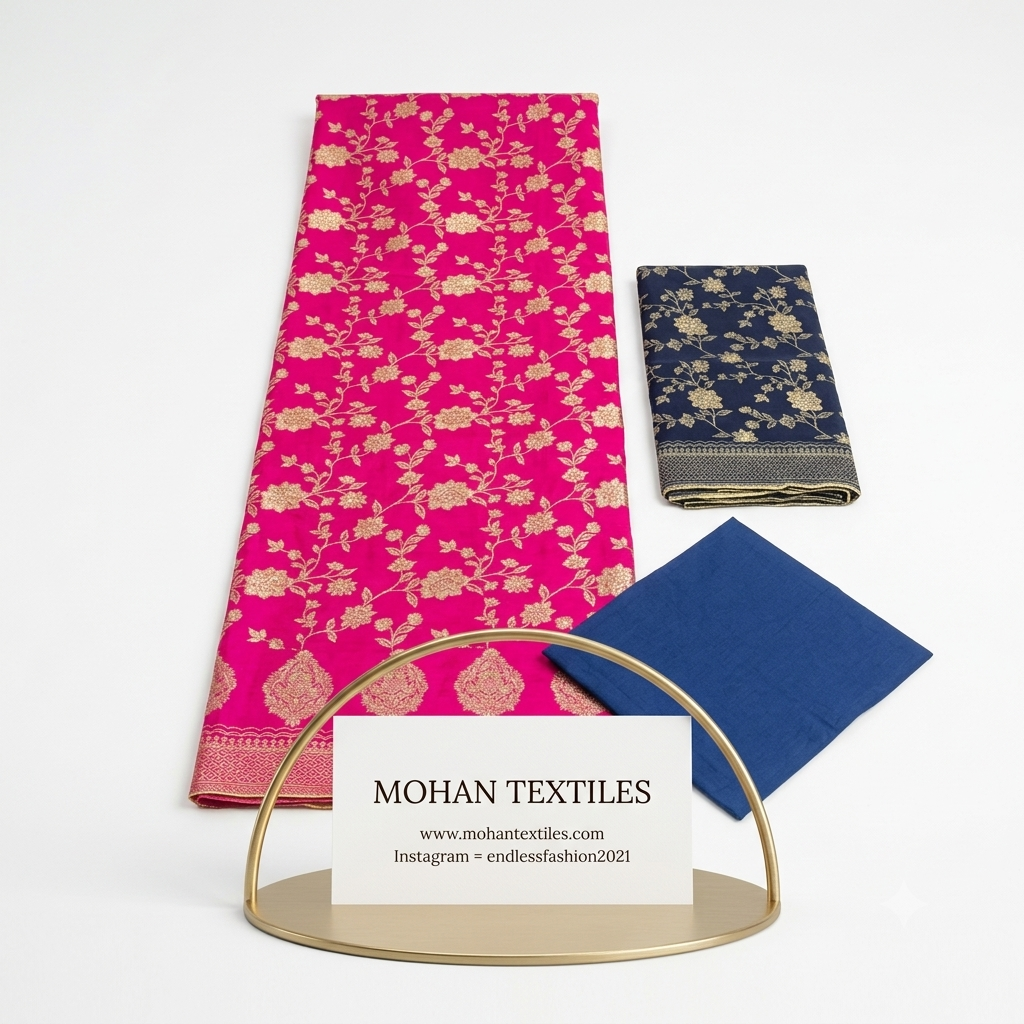 Flat lay of Magenta & Navy Blue unstitched Banarasi style party wear dress material, featuring intricate gold zari floral weaving and a matching dupatta, available at Mohan Textiles.