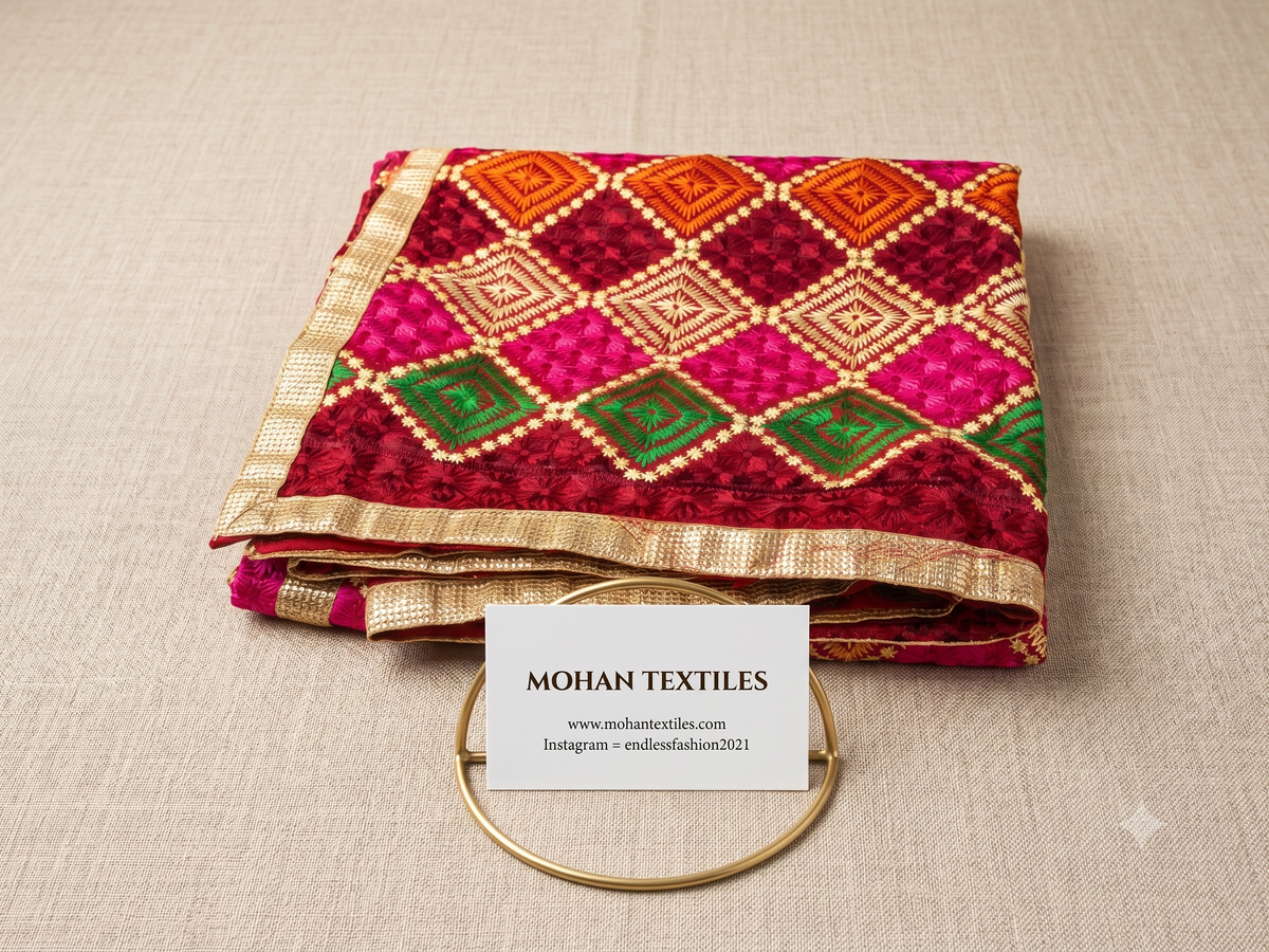 Maroon Phulkari dupatta with heavy mirror work and Amritsari embroidery – Mohan Textiles
